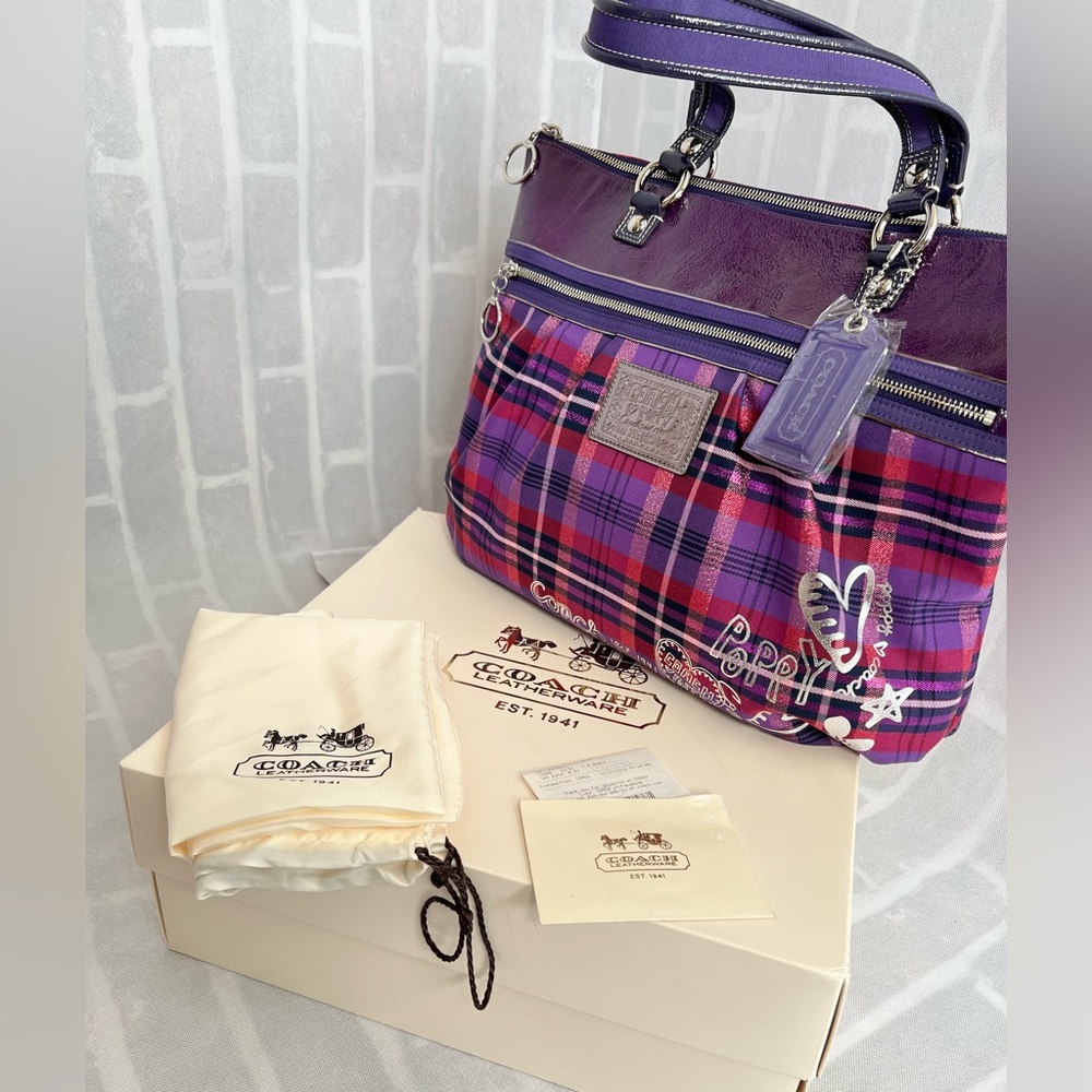 NWT Coach 15886 Poppy Tartan Plaid Glam Tote/Purse Berry Tart Purple